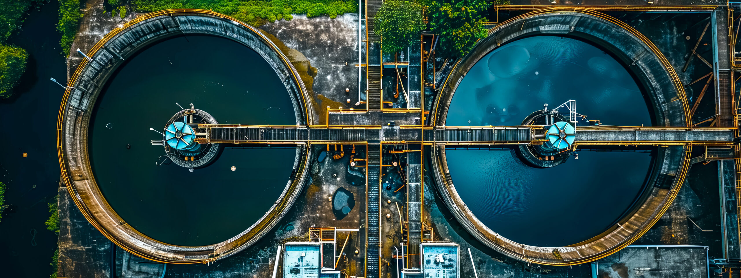 Aerial view of wastewater treatment plant with circular settling tanks and central pipework.